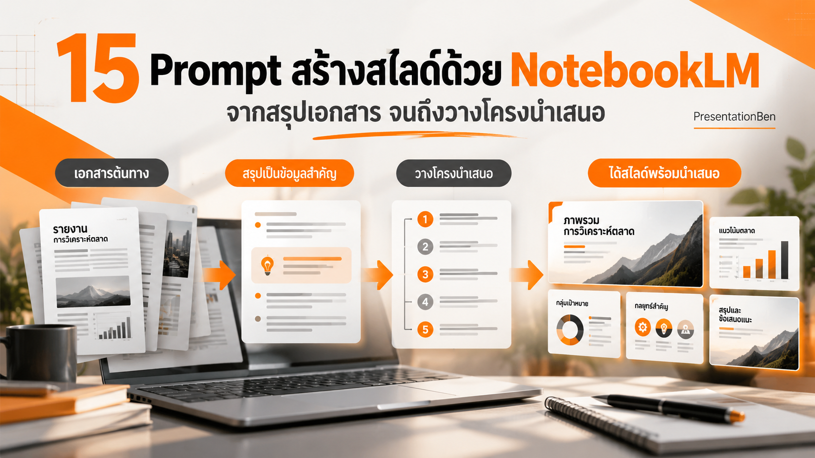 ภาพประกอบบทความ 15 Prompt สร้างสไลด์ด้วย NotebookLM แสดง Workflow จากเอกสารต้นทาง สรุปข้อมูลสำคัญ วางโครงนำเสนอ และสร้างสไลด์พร้อมนำเสนอ ในสไตล์ Editorial สีส้ม ขาว เทา ดำ